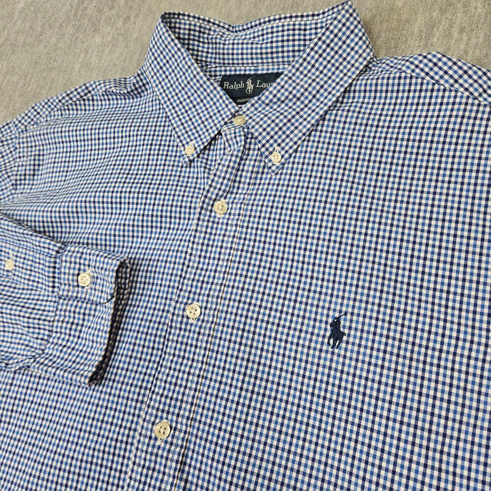 Ralph Lauren Shirt Mens XL Blue Check Button Up Long Sleeve Custom Fit